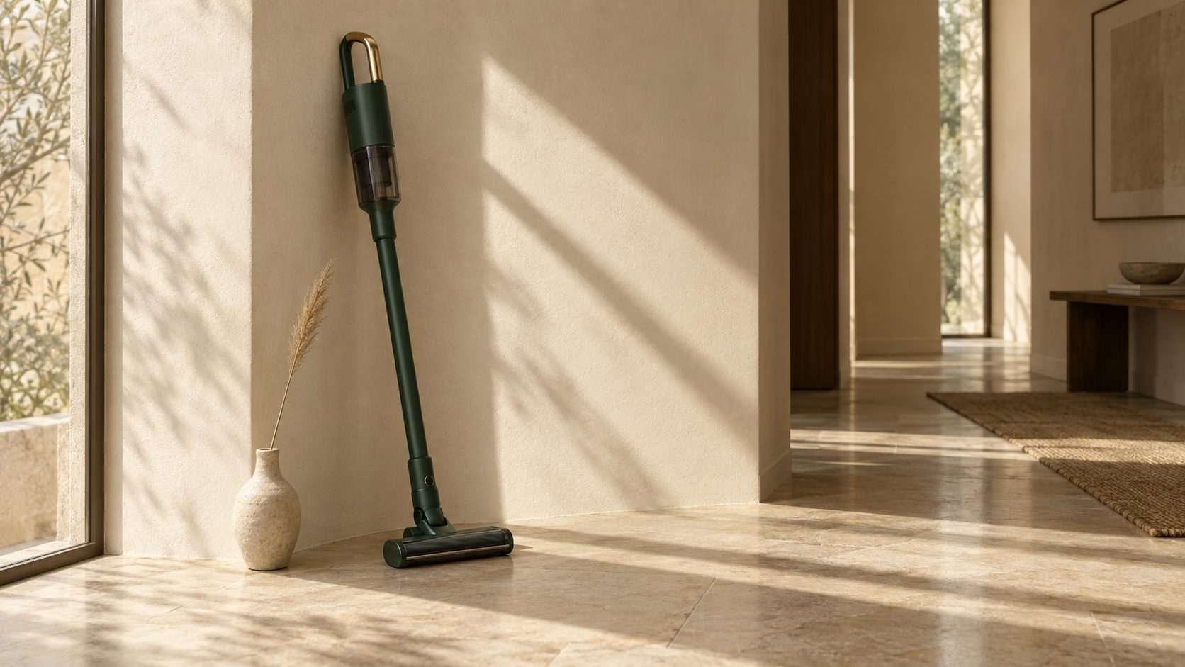 The AERIKAI A-100 cordless stick vacuum leaning against a cream linen wall in a sunlit stone hallway, beside a small dried-grass vase.