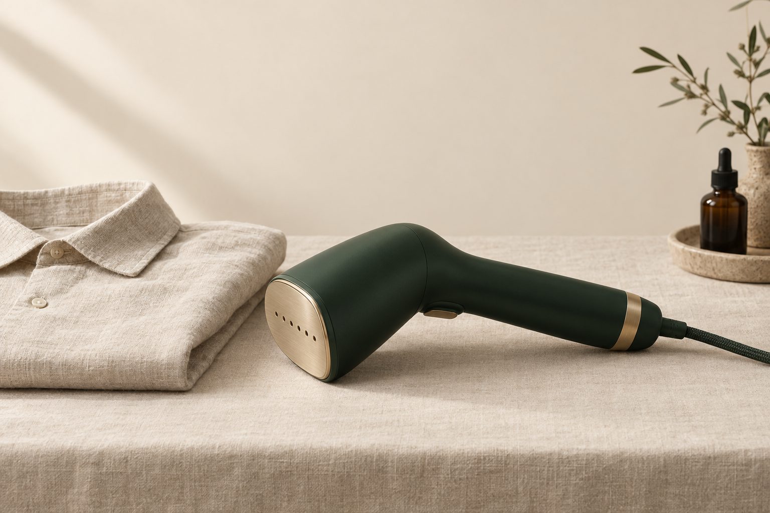 AERIKAI A-200, a matte forest green handheld travel garment steamer with a brass soleplate, resting on cream linen beside a folded linen shirt.